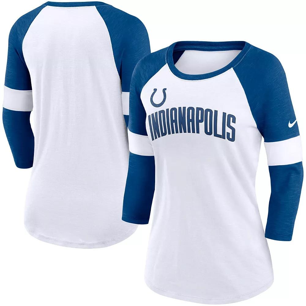 Women's Nike Indianapolis Colts White/Heathered Royal Football Pride Slub 3/4 Raglan Sleeve T-Shirt, Size: Large Product Image