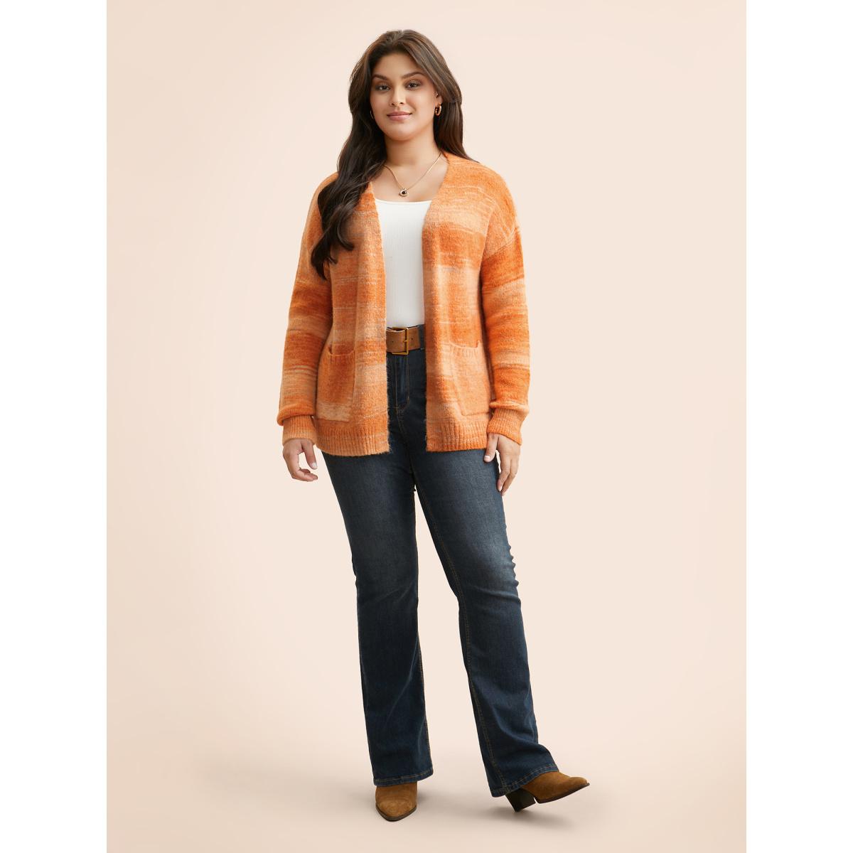 Plus Size Ombre Patch Pocket Drop Shoulder Cardigan Brightorange Women Casual Loose Long Sleeve Everyday Cardigans BloomChic 18-20/2X Product Image