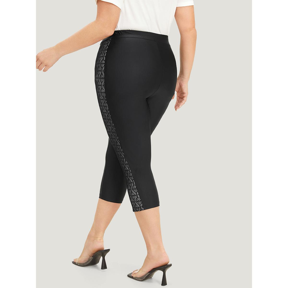 Plus Size Solid Crochet Lace High Rise Cropped Leggings Women Black Elegant High stretch Bodycon High Rise Dailywear Leggings BloomChic 14-16/1X Product Image