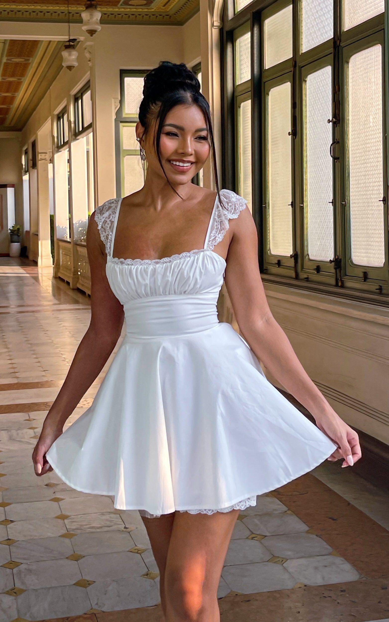 Adalee Mini Dress - Sleeveless Ruched Bodice Lace Trim Dress in Off White Product Image