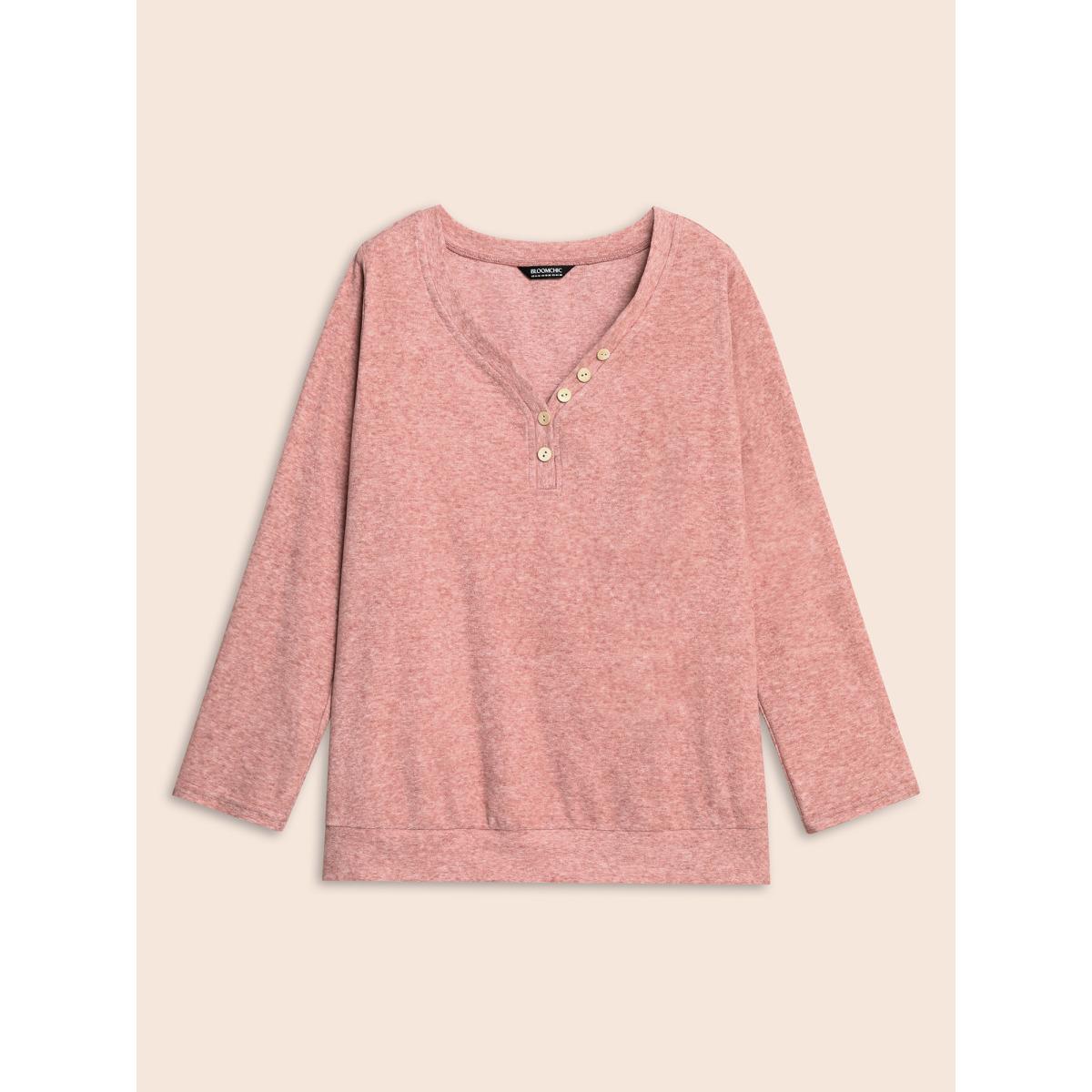 Plus Size V Neck Button Detail Split Hem T-shirt Beanpastepowder Women Casual Button V-neck Everyday T-shirts BloomChic 10/M Product Image