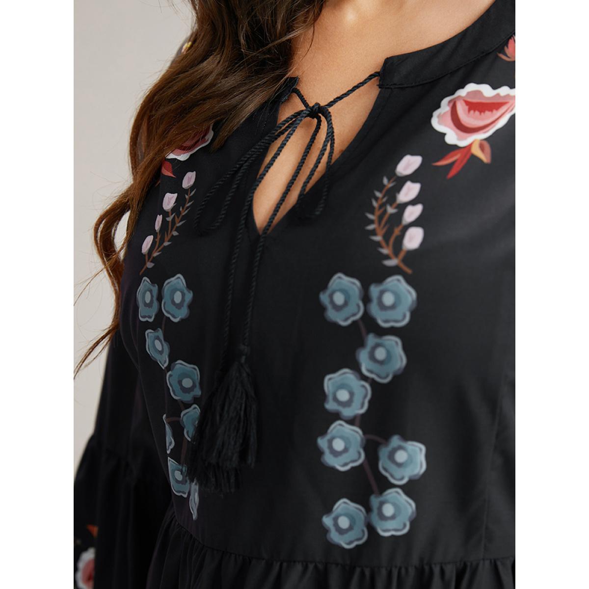 Plus Size Black Floral Print Tassels Knot Neck Lantern Sleeve Blouse Women Resort Long Sleeve Tie Neck Vacation Blouses BloomChic 12/L Product Image