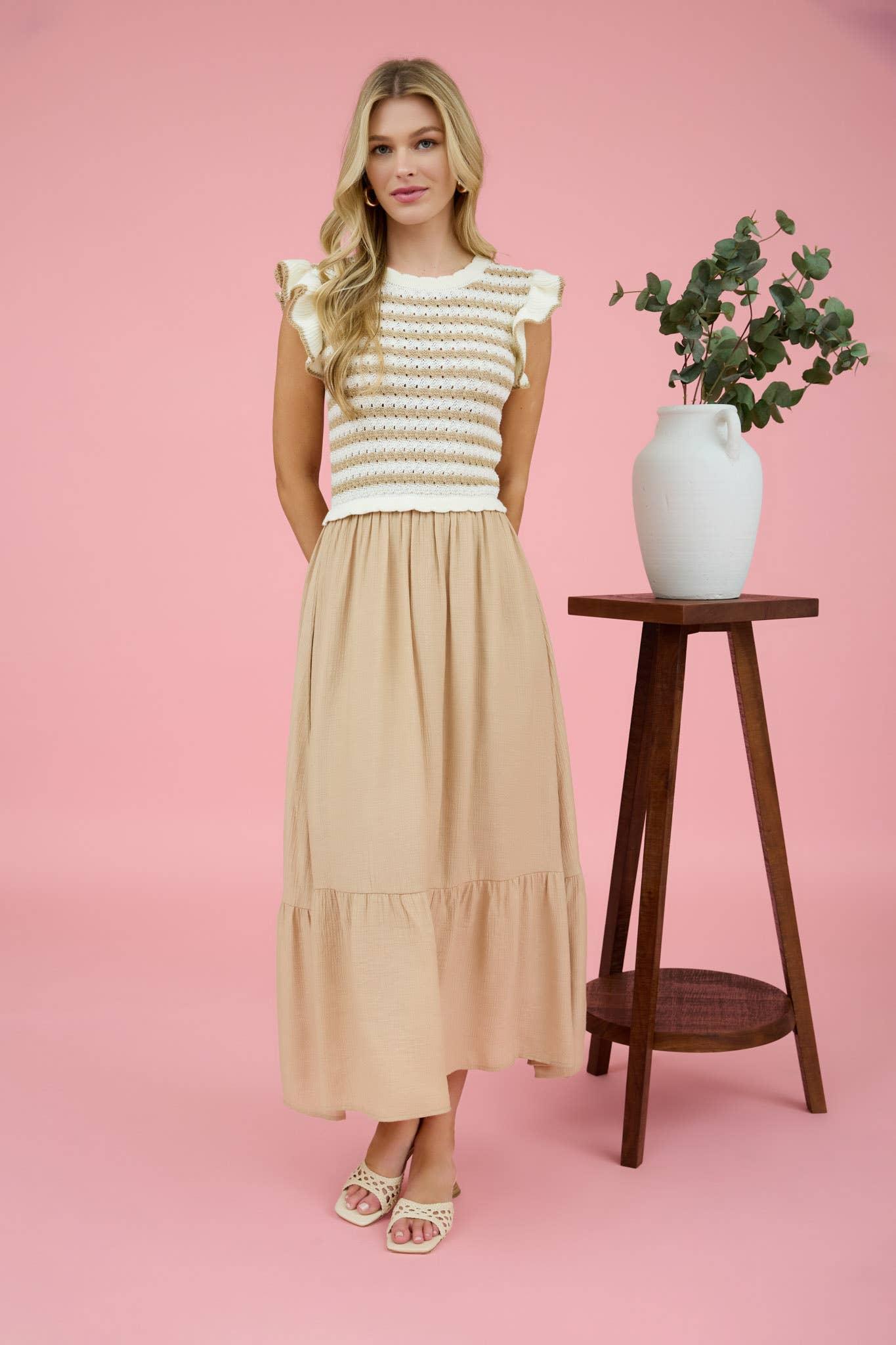 STRIPE SWEATER TOP MIXED MEDIA MIDI DRESS: NAVY Product Image