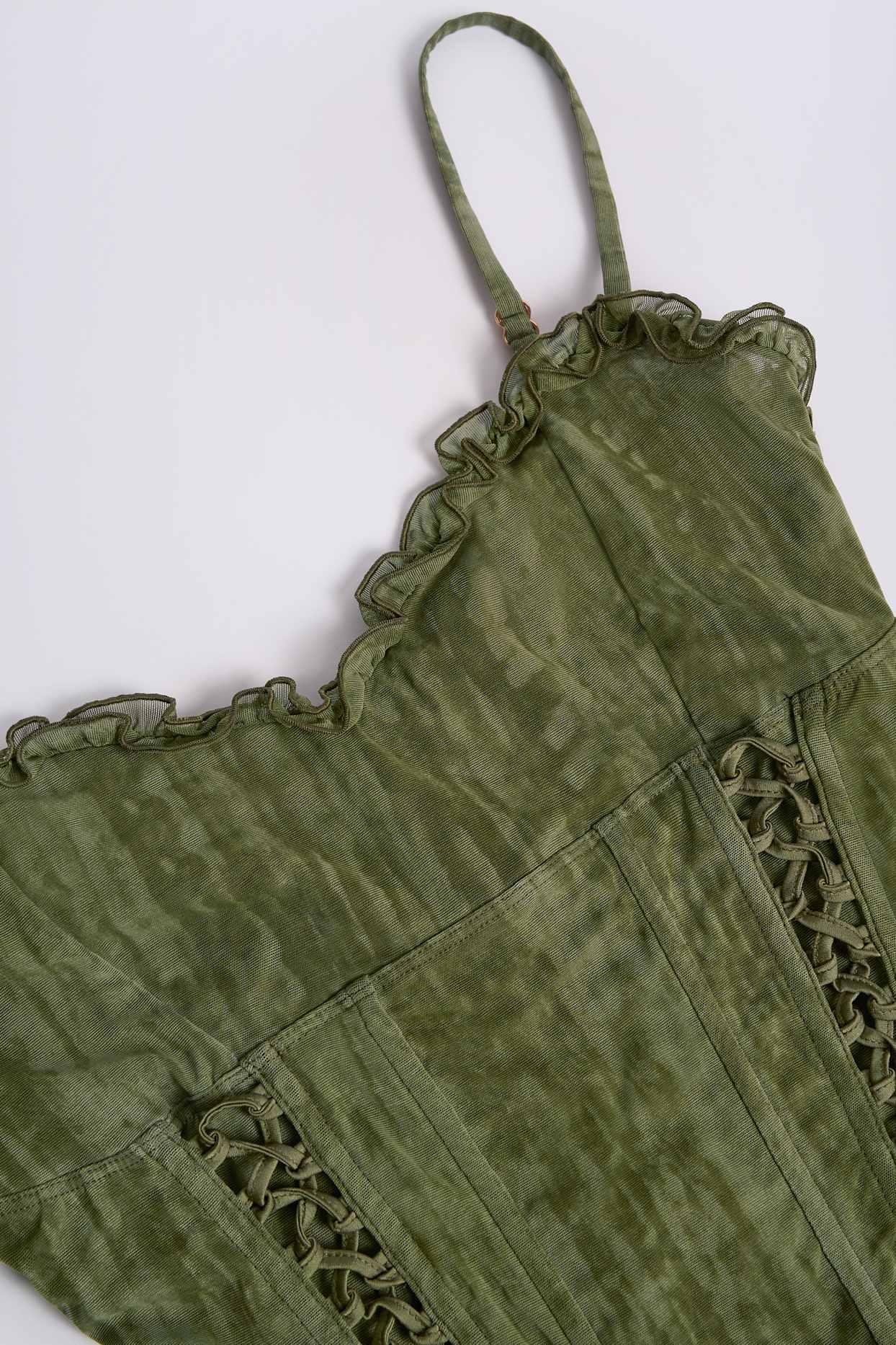 Lace-Up Ruffled Flared Jumpsuit in Green Print Product Image