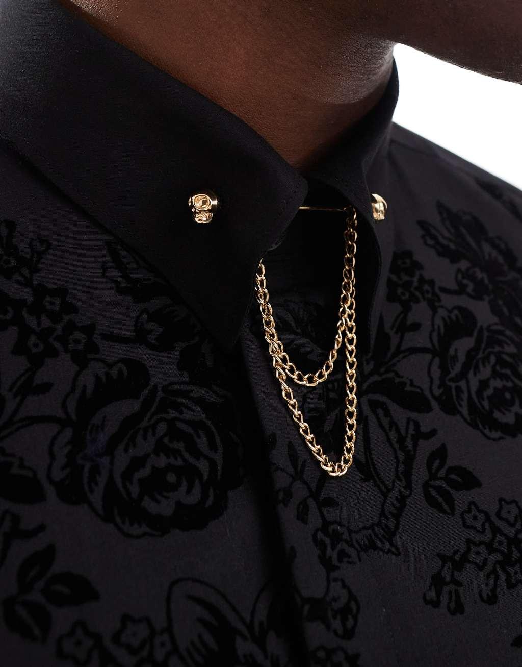 Twisted Tailor jacquard long sleeve shirt in black  Product Image