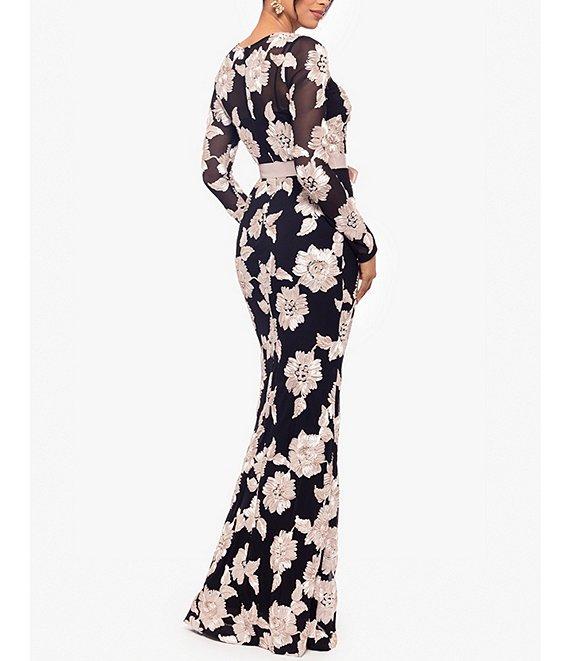 Betsy & Adam Petite Size Floral Embroidered Mesh Crew Neck Long Sleeve Tie Waist Gown Product Image