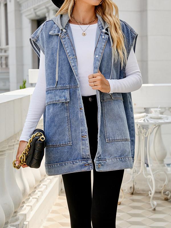 Loose Sleeveless Buttoned Detachable Hooded Pockets Split-Joint Lapel Collar Vest Outerwear Product Image