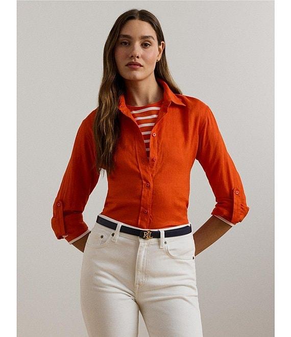 Lauren Ralph Lauren Petite Size Woven Point Collar Long Roll-Tab Sleeve Button Front Shirt Product Image