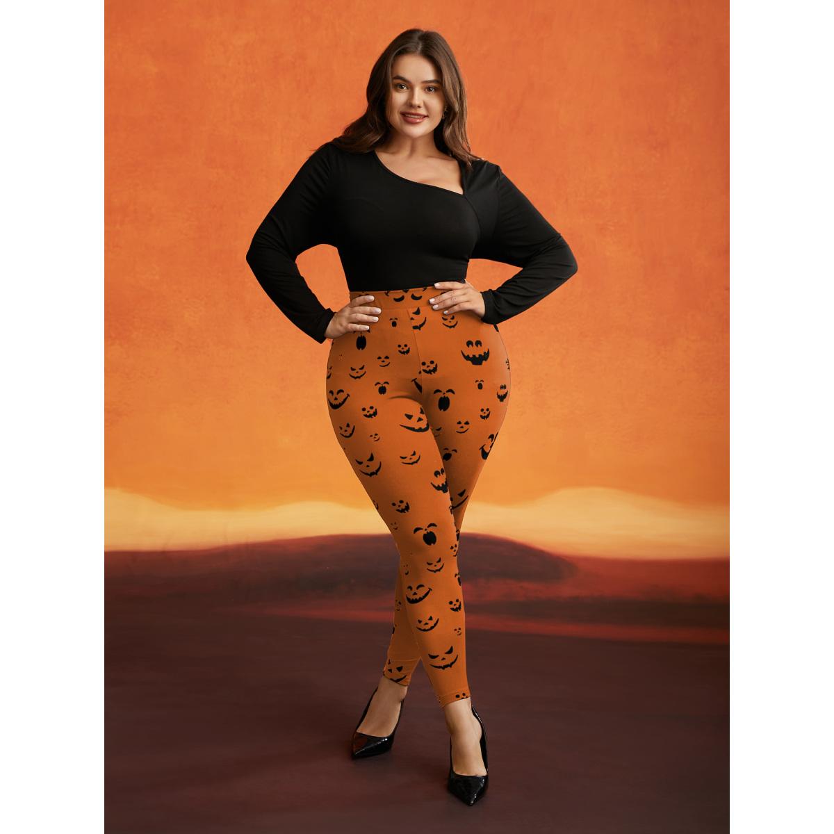 Plus Size Stretchy Jack-o-Lantern Leggings Women Brightorange Elegant High stretch Skinny Mid Rise Everyday Leggings BloomChic 18-20/2X Product Image