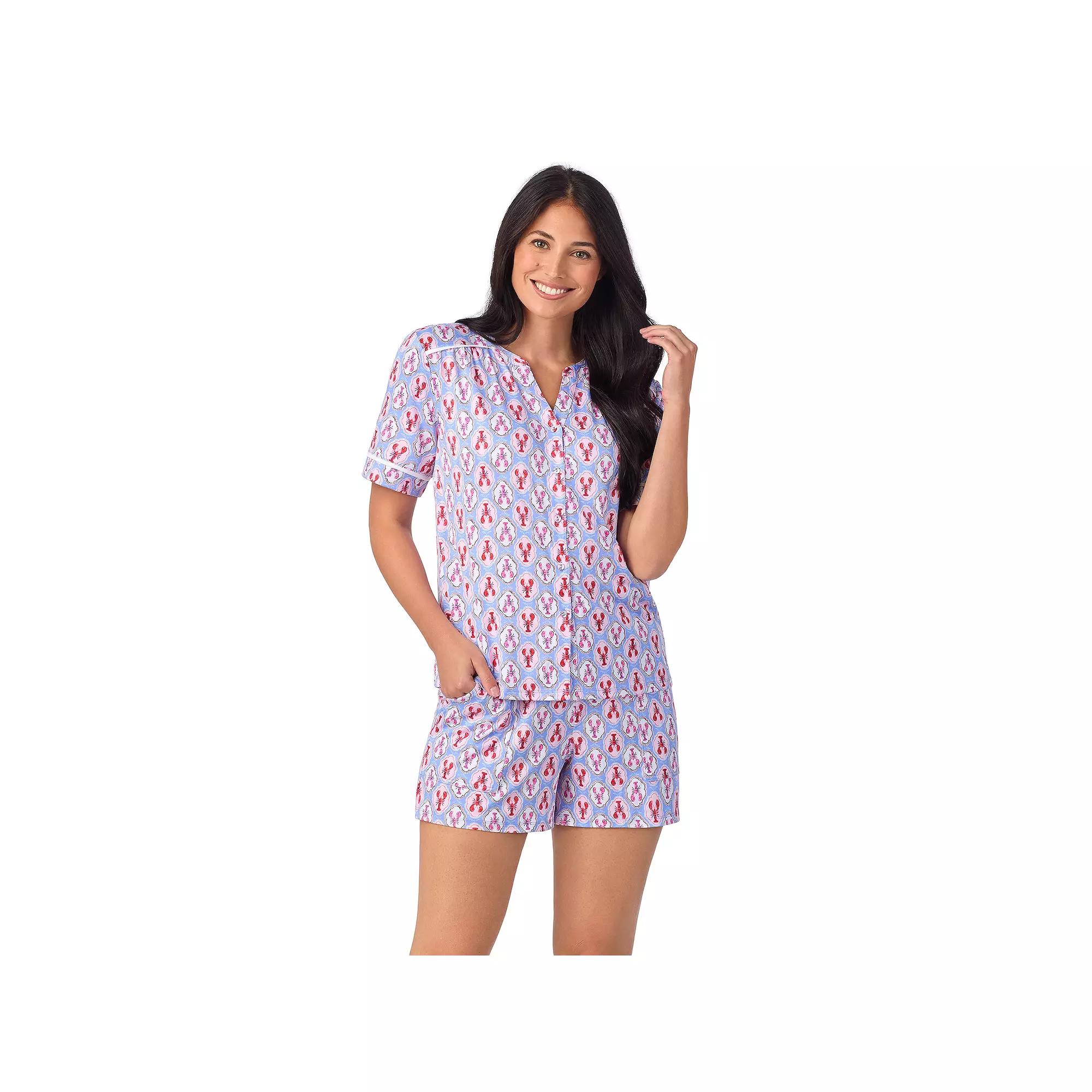 Women's Cuddl Duds® Short Sleeve Split Neck Pajama Top and Pajama Shorts Set, Size: Medium, Peri Red Product Image