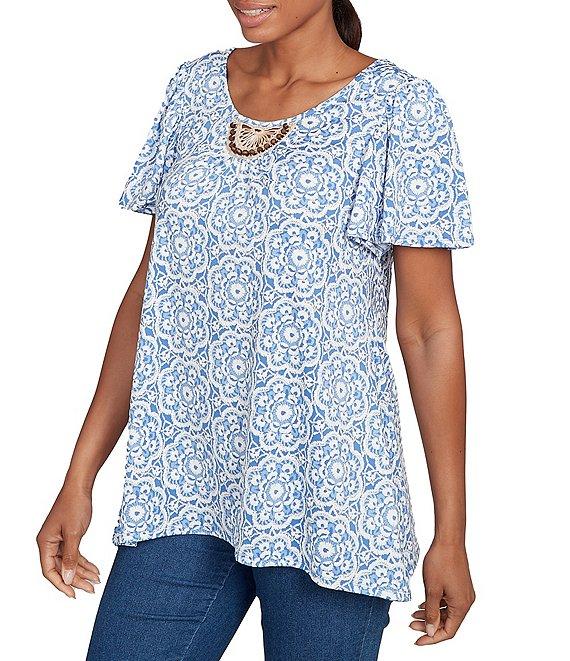 Ruby Rd. Petite Size Embellished Beaded Macrame Scoop Neck Short Sleeve Top Product Image