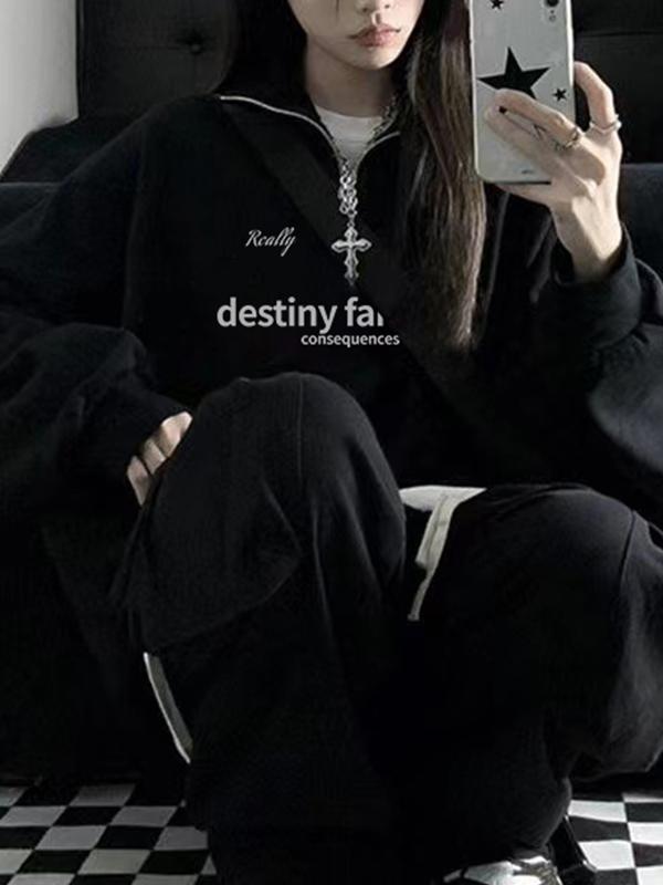 Vintage Letter Print Half Zip Lapel Neck Sweatshirt Product Image