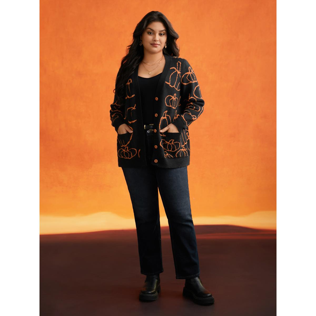 Plus Size Supersoft Essentials Pumpkin Printed Open Cardigan Black Women Casual Loose Long Sleeve Everyday Cardigans BloomChic 18-20/2X Product Image