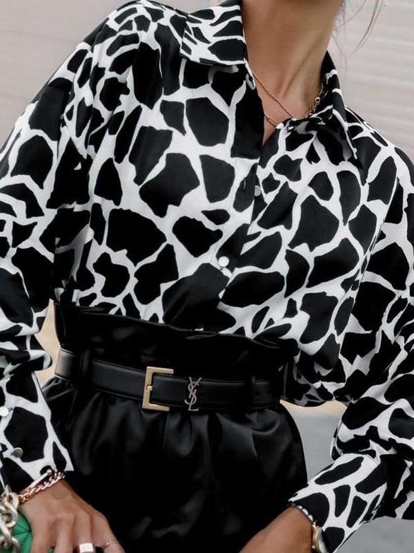 Long Sleeves Loose Contrast Color Printed Lapel Blouses Product Image