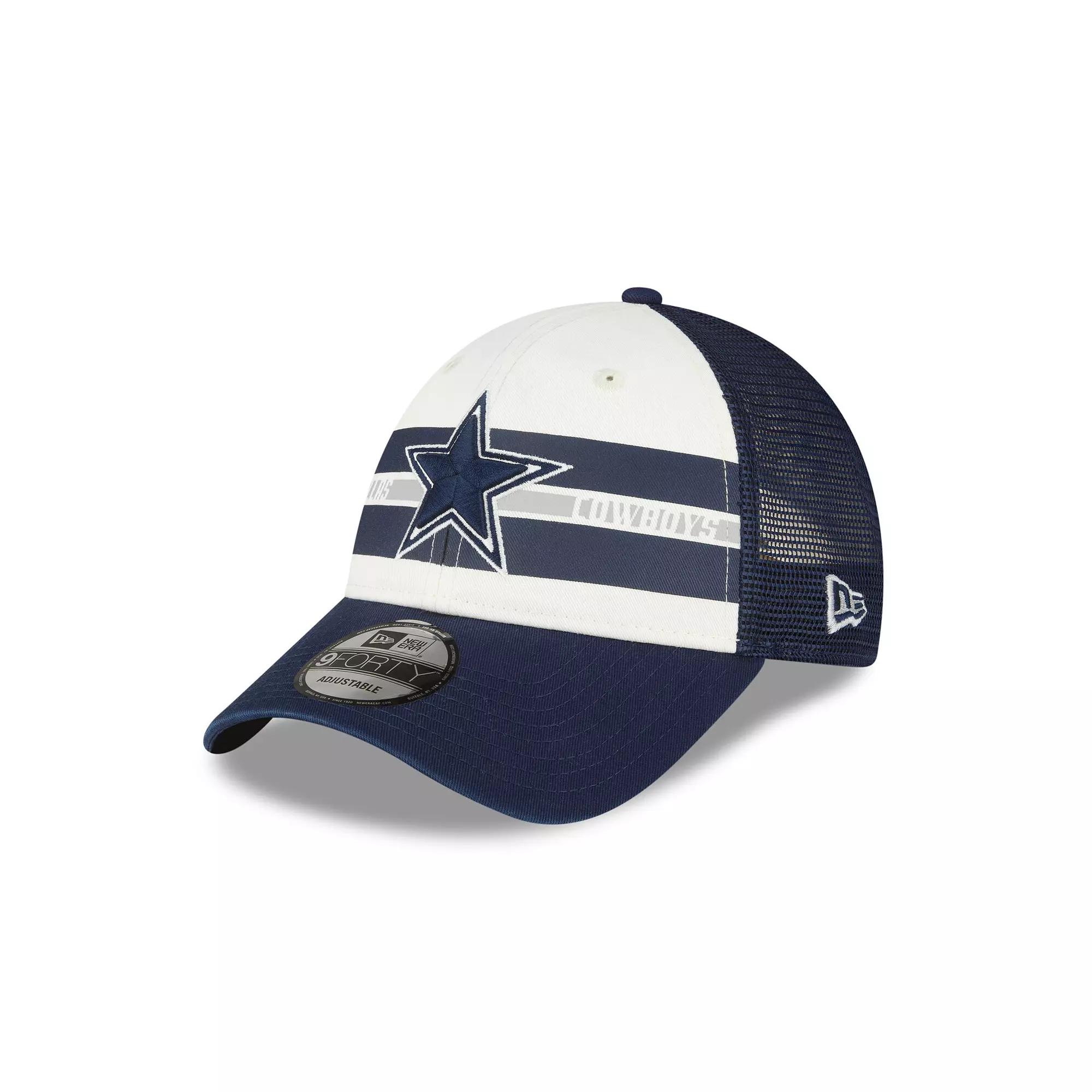 Men's New Era Cream/Navy Dallas Cowboys Team Stripe Trucker 9FORTY Snapback Hat, Beige Product Image