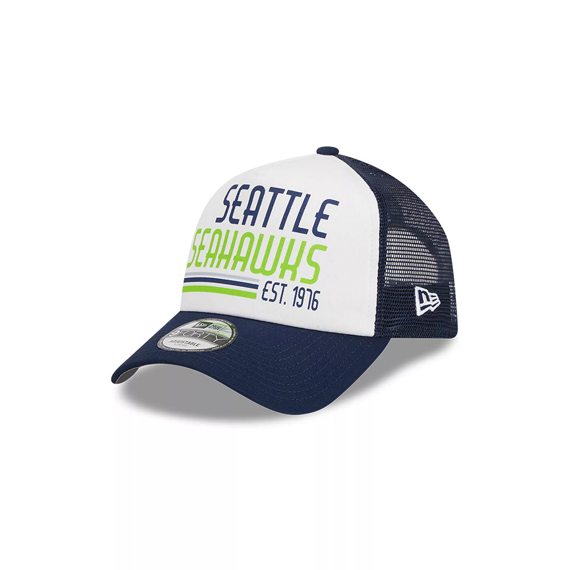 Men's New Era White/College Navy Seattle Seahawks Stacked A-Frame Trucker 9FORTY Adjustable Hat Product Image
