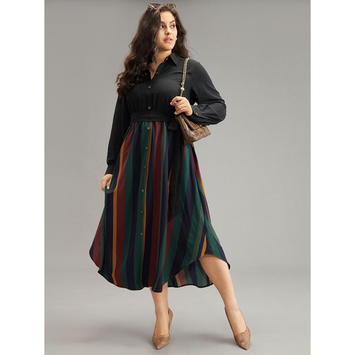 Plus Size Colour Striped Patchwork Belted Button Through Dress Indigo Women Office Belted Shirt collar Long Sleeve Curvy Midi Dress BloomChic 28/5X Product Image