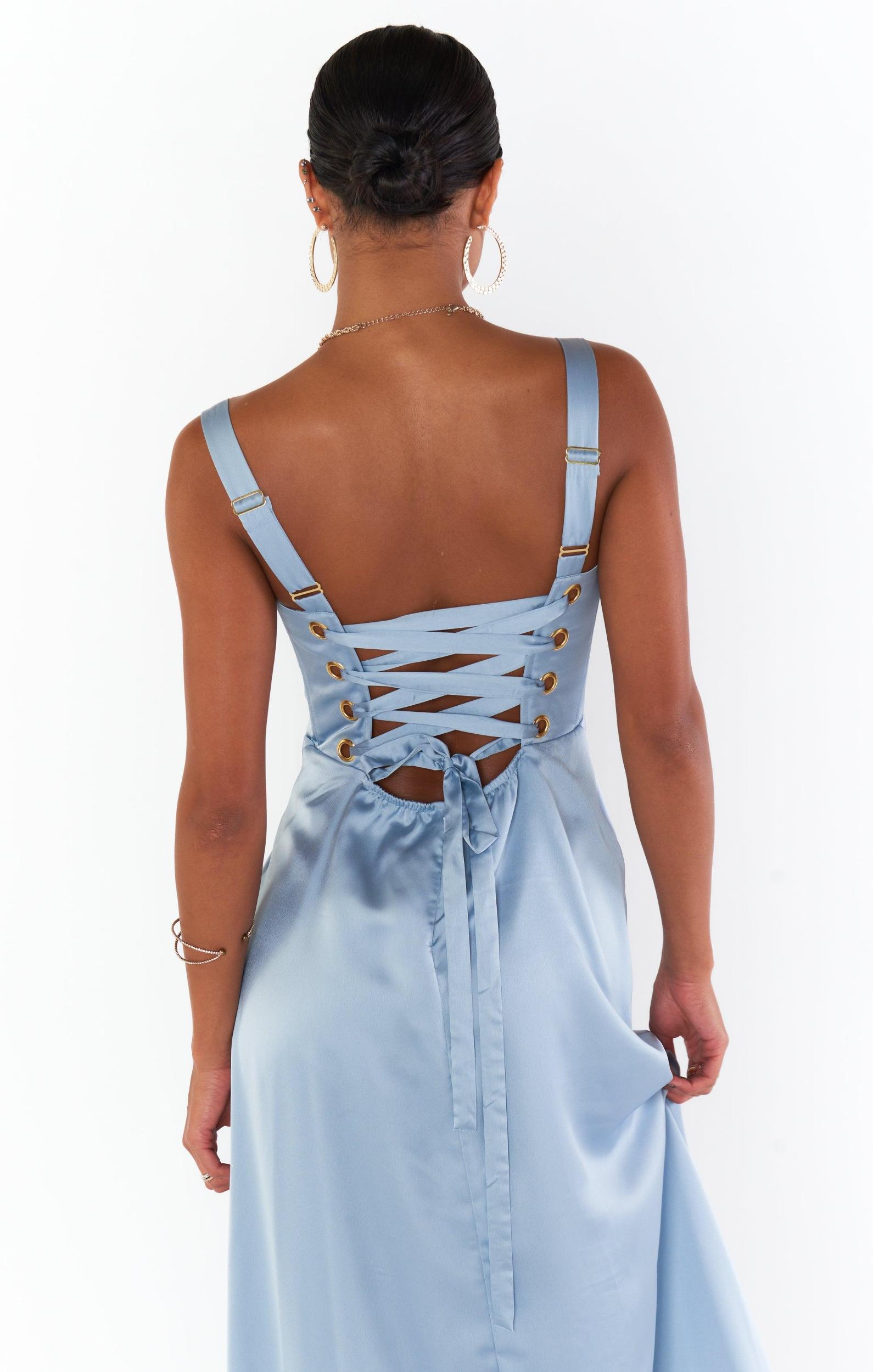 Clarissa Corset Dress ~ Steel Blue Luxe Satin Product Image