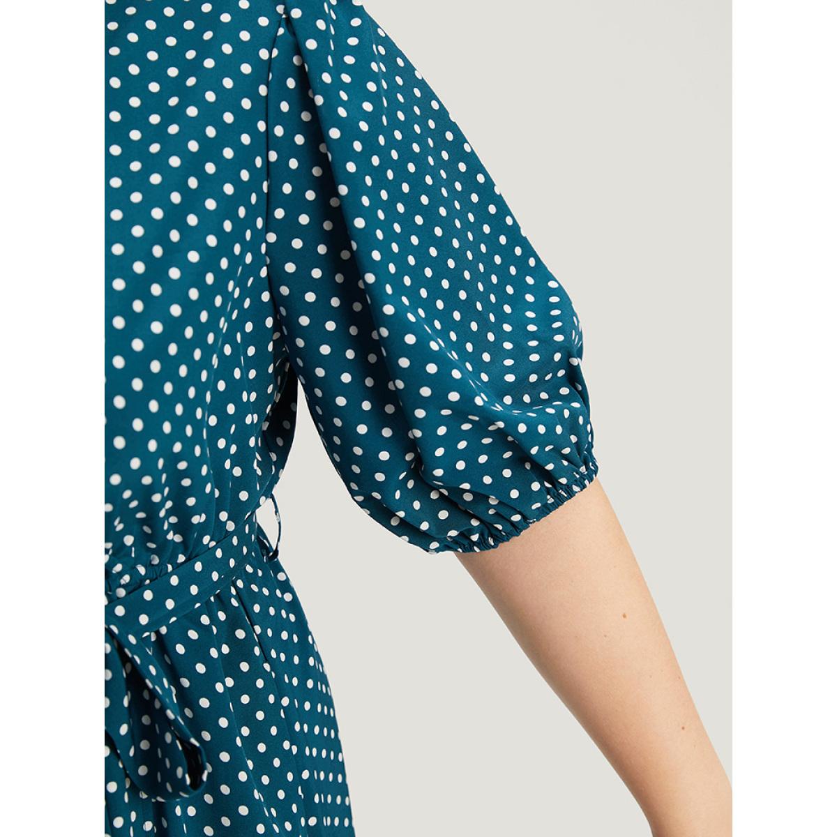 Plus Size Polka Dot Belted Lantern Sleeve Surplice Neck Dress Aegean Women Office Elastic cuffs V-neck Short sleeve Curvy Midi Dress BloomChic 14-16/1X Product Image
