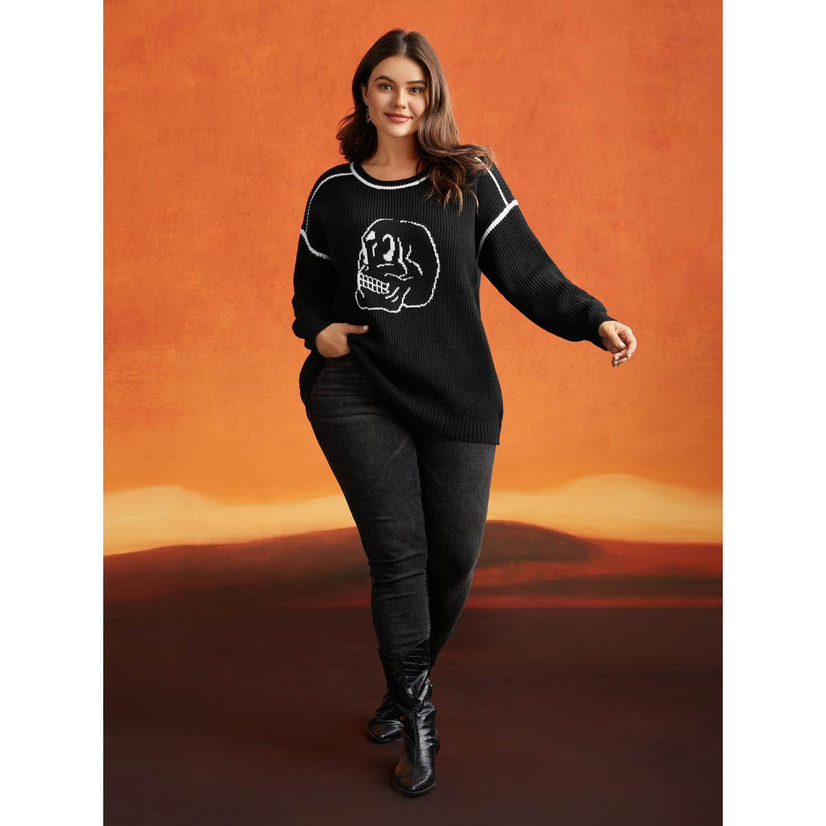 Plus Size Skull Printed Balloon Sleeves Pullover Black Women Casual Loose Long Sleeve Round Neck Everyday Pullovers BloomChic 30/6X Product Image