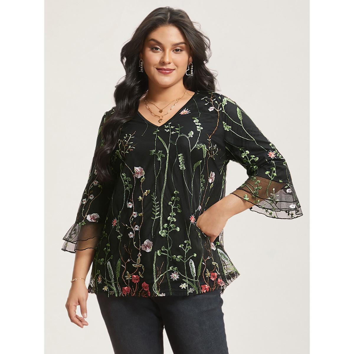 Plus Size Black Embroidered Mesh Lotus Leaf Sleeve Blouse Women Elegant Elbow-length sleeve V-neck Everyday Blouses BloomChic 28/5X Product Image