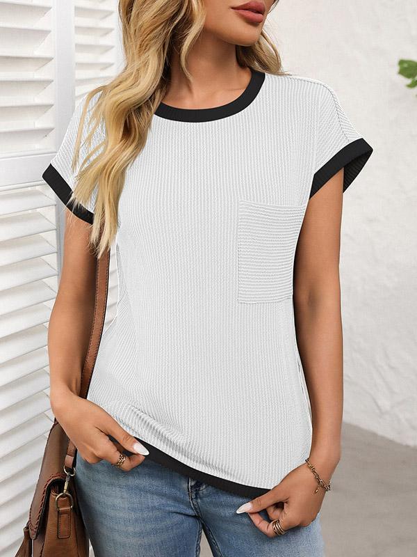 Loose Short Sleeves Colorful Contrast Color Pockets Round-neck T-Shirts Tops Product Image