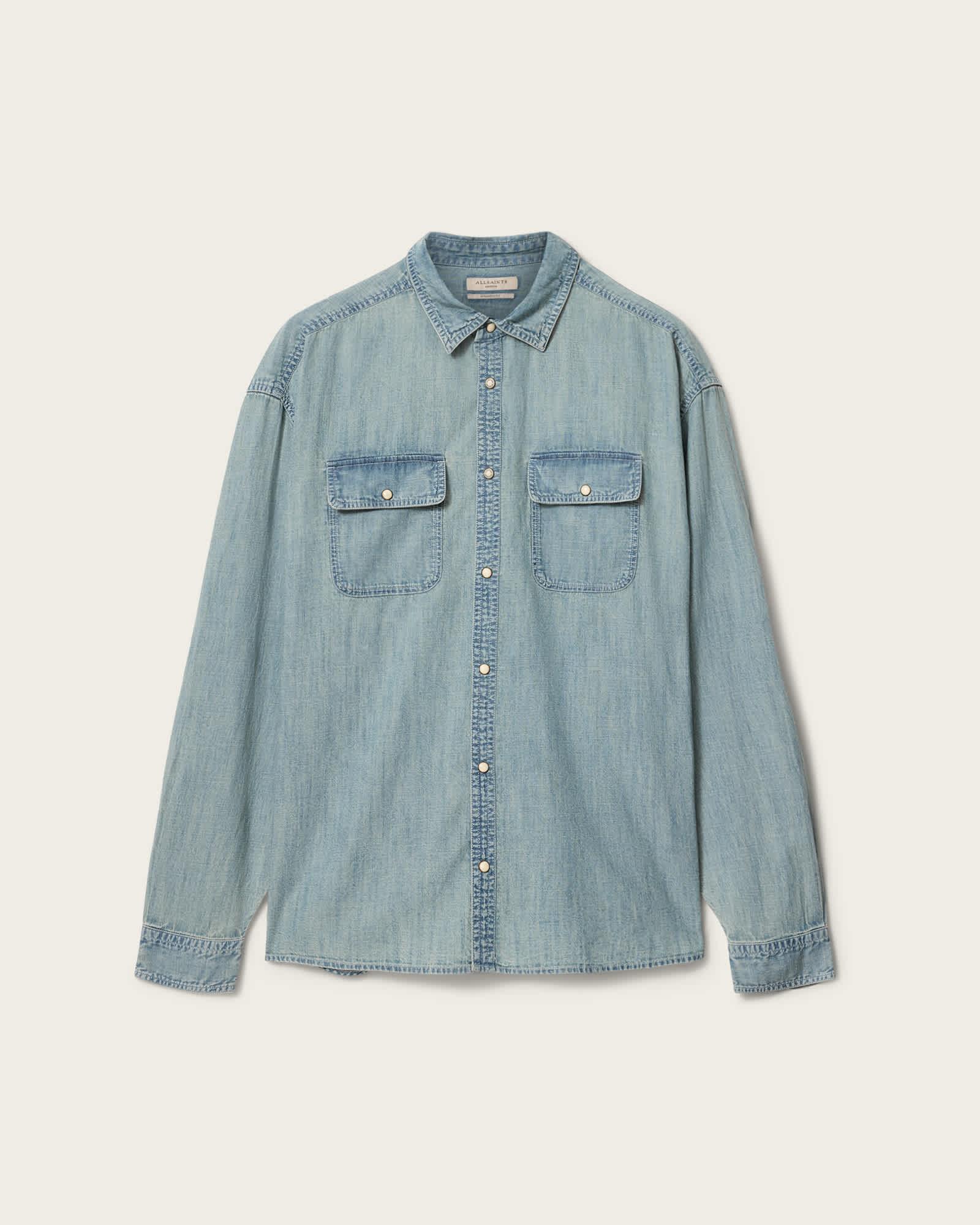Gribbs Oversized Long Sleeve Shirt FADED INDIGO | ALLSAINTS US Product Image