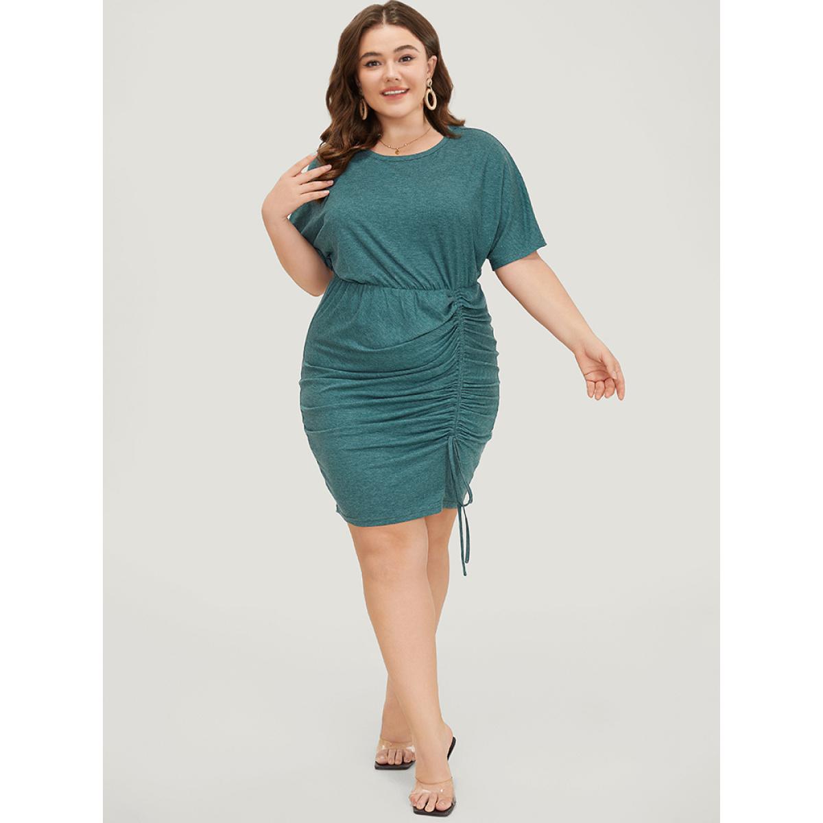 Plus Size Solid Ruched Drawstring Hem Bodycon Dress Cyan Women Elegant Ruched Round Neck Short sleeve Curvy Short Dress BloomChic 12/L Product Image