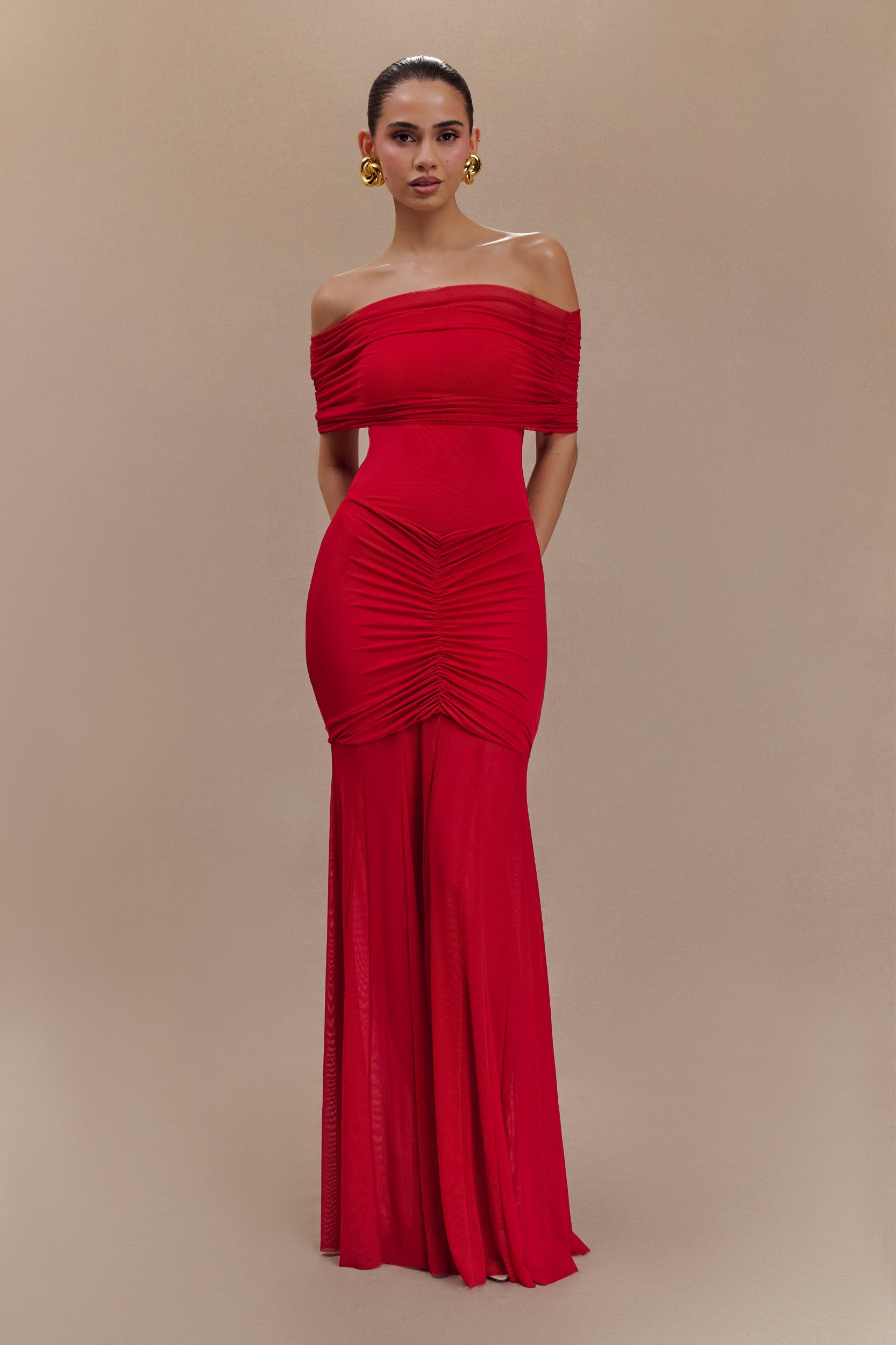 Caspian Slinky And Mesh Off Shoulder Maxi Dress - Ruby Product Image