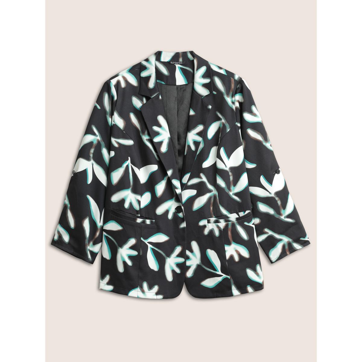 Plus Size Plants Print Suit Collar Button Up Tab Sleeve Blazer BlackFlower Women Work Plants Non Sleeve Long Sleeve Suit Collar 12/L Single-flap pocket At the Office Blazers BloomChic Product Image