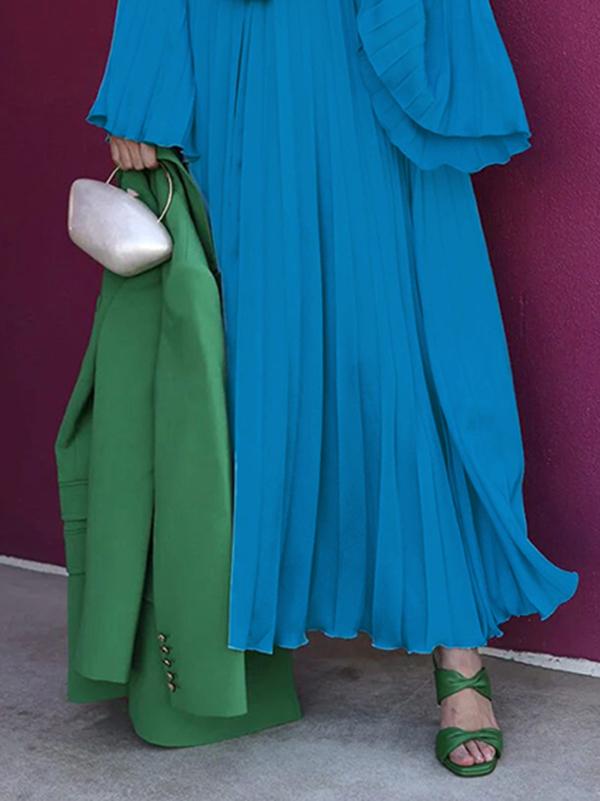 Flared Sleeves Loose Pleated Ruffled Solid Color Split-Joint High Neck Maxi Dresses Product Image