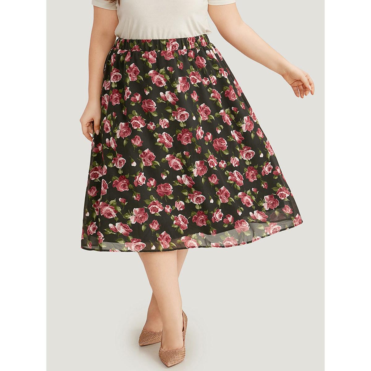 Plus Size Floral Print Mesh Elastic Waist Skirt Women Black Elegant Lined No stretch Dailywear Skirts BloomChic 18-20/2X Product Image