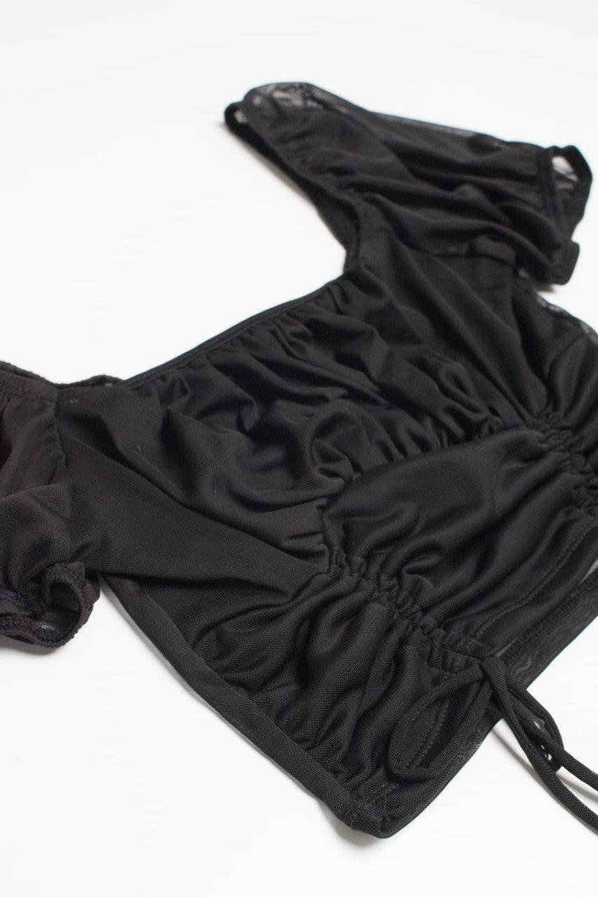 Black Mesh Milkmaid Cinched Cropped Top Product Image