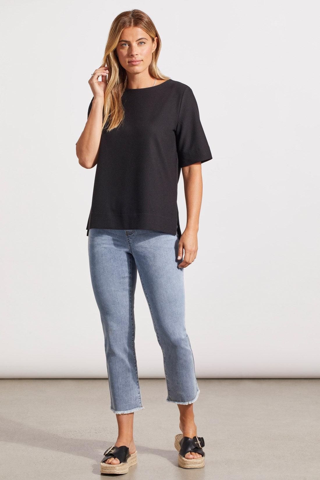 Boat Neck Top With Elbow Sleeve - Black Product Image
