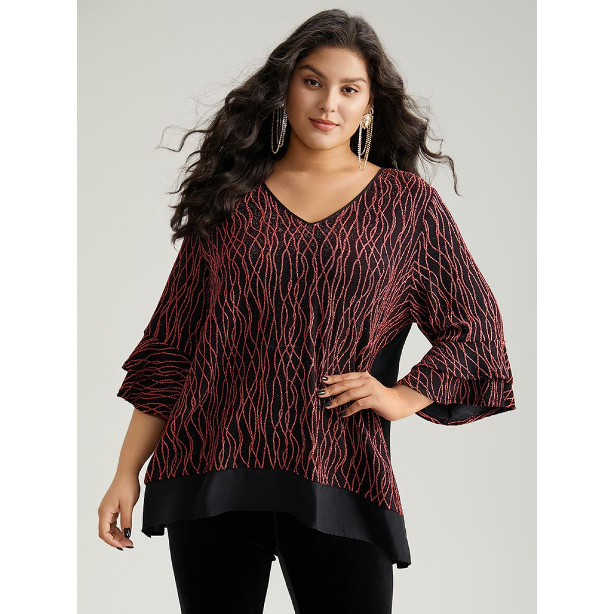 Plus Size Scarlet Lurex Layered Ruffle Sleeve Patchwork Blouse Women Glamour Elbow-length sleeve V-neck Festival-Christmas Blouses BloomChic 22-24/3X Product Image