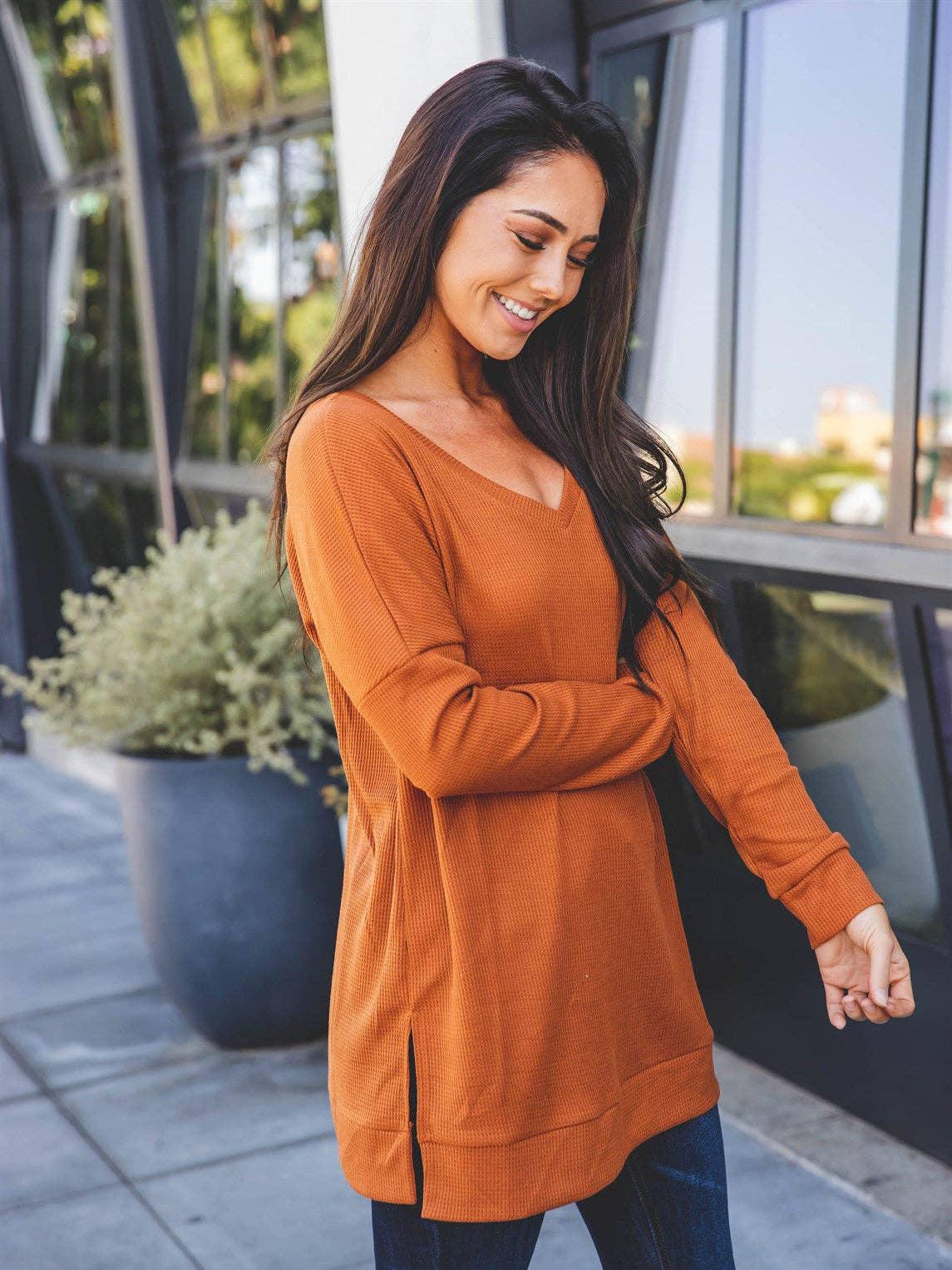 Waffle Knit Split Hem Rory Tunic: Black Product Image