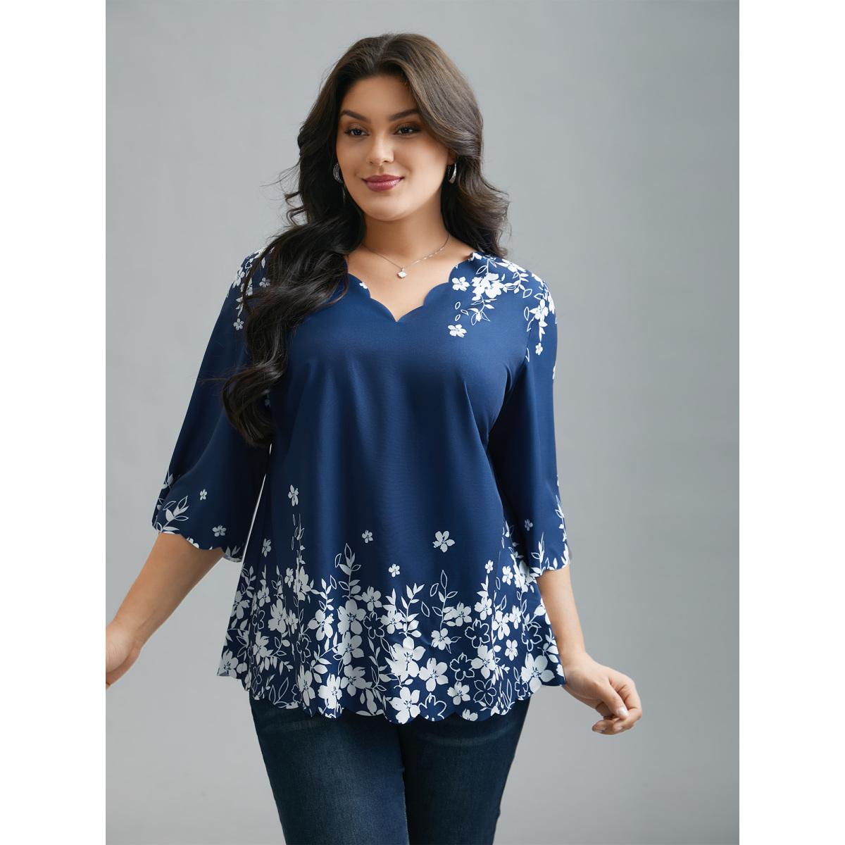 Plus Size Indigo Laser Cut Floral Boho Print Blouse Women Elegant Elbow-length sleeve V-neck Everyday Blouses BloomChic 28/5X Product Image