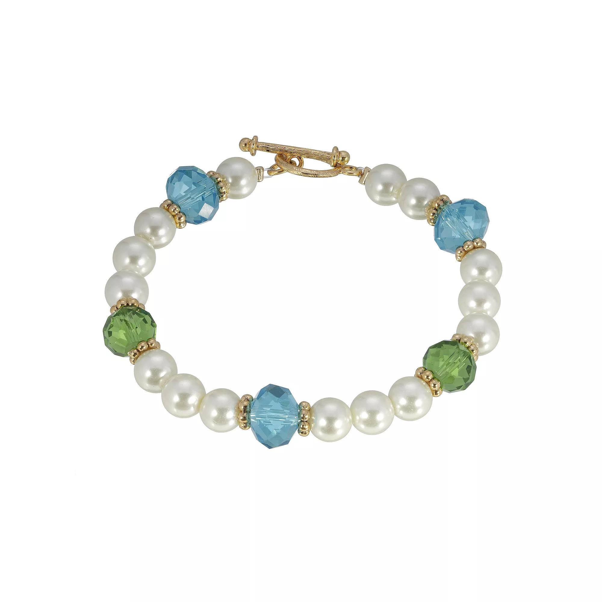 1928 Gold Tone Simulated Pearl, Green & Aqua Beaded Bracelet, Womens Product Image