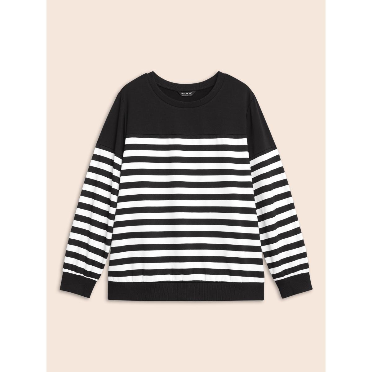 Plus Size Round Neck Striped Patchwork Contrast Sweatshirt Women Black Casual Contrast Loose Round Neck Everyday Sweatshirts BloomChic 26/4X Product Image
