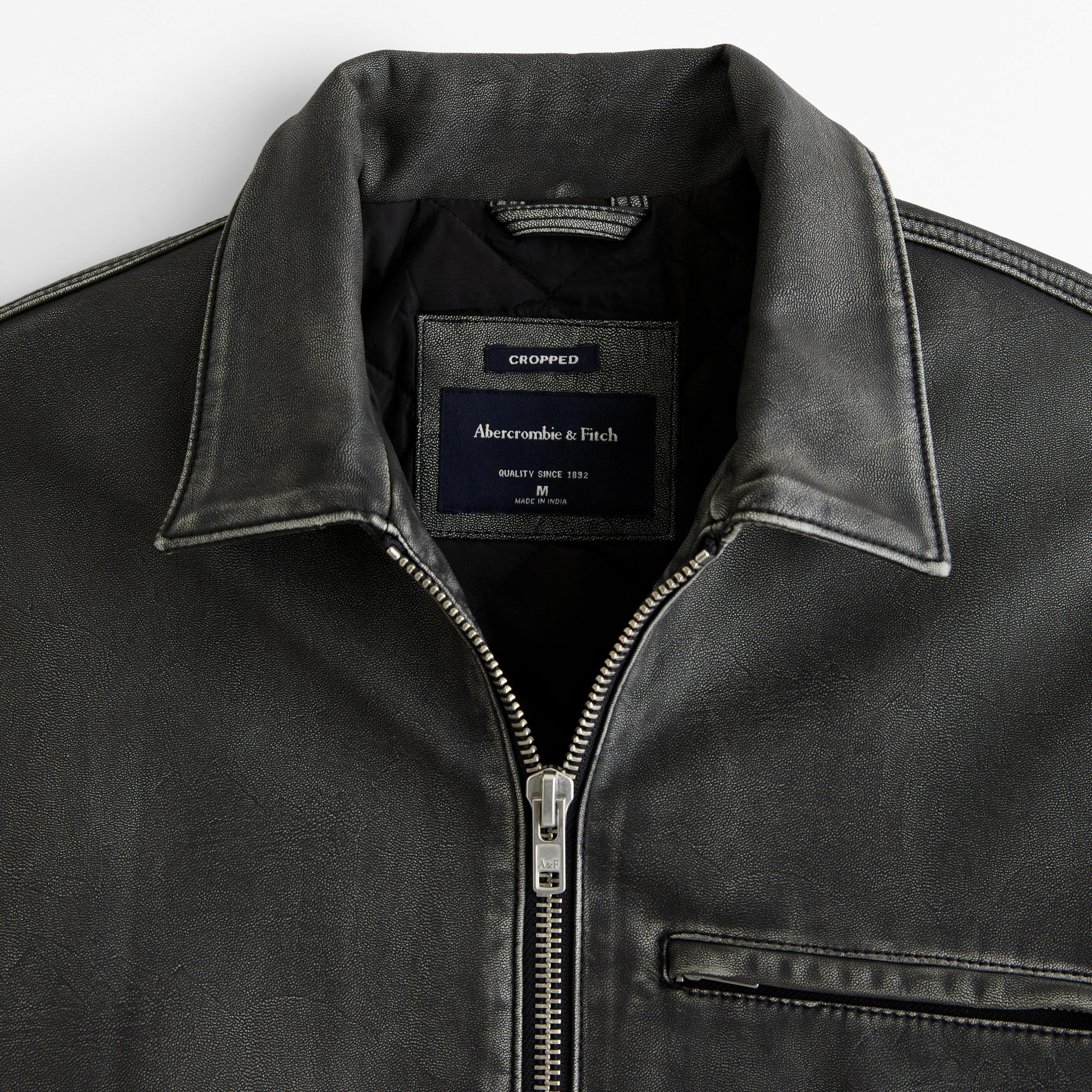 Cropped Vegan Leather Zip Trucker Jacket Product Image