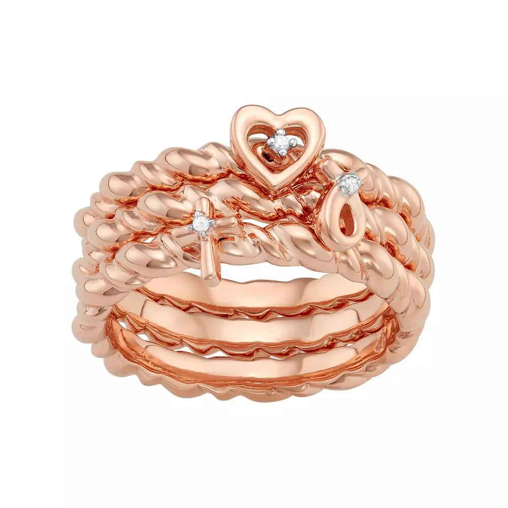 Jewelexcess Sterling Silver Diamond Accent Heart, Cross & Ribbon Stack Ring Set, Women's, Size: 6, Rose Gold Tone Product Image