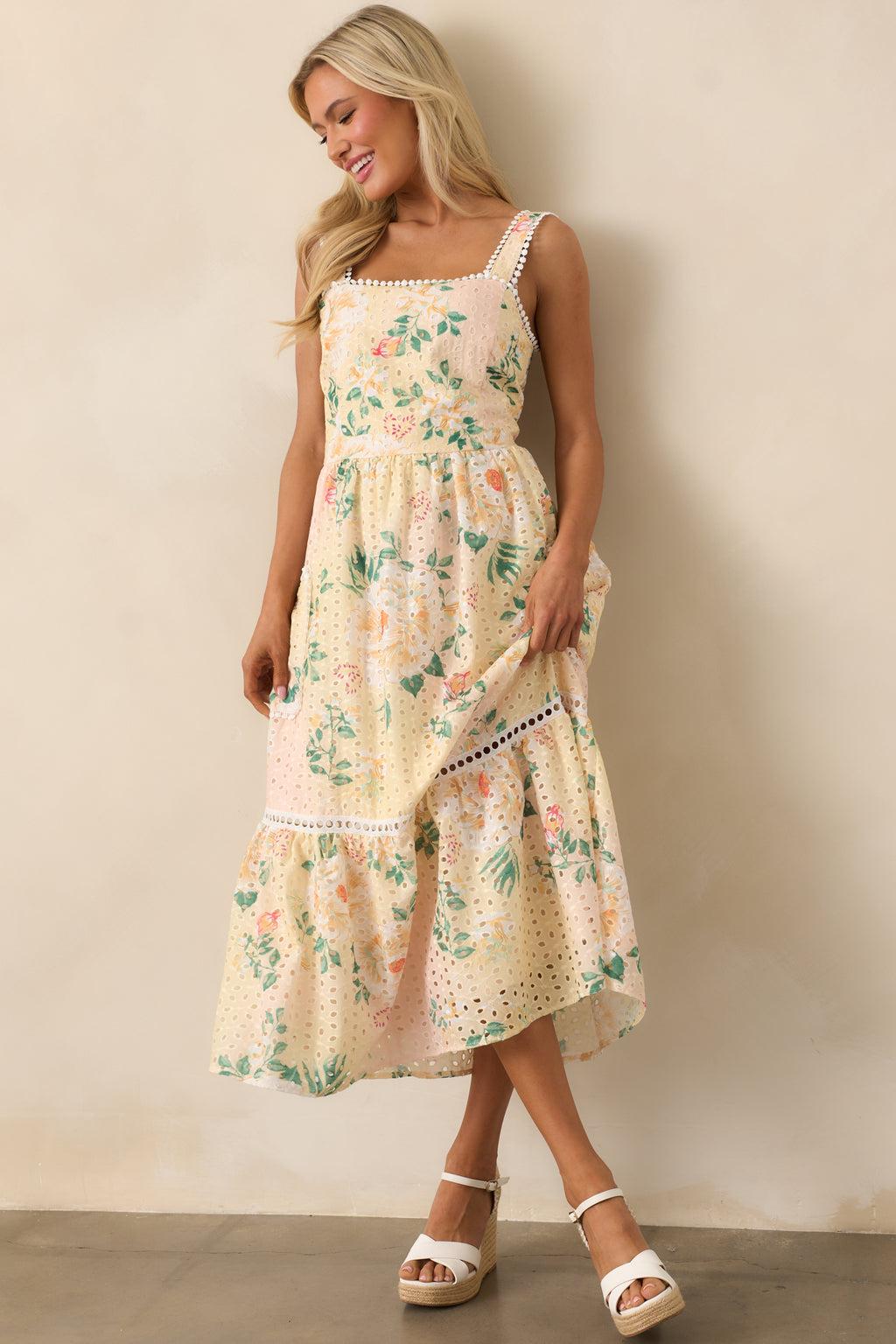 Champagne Toast Yellow Floral Embroidered Midi Dress Product Image