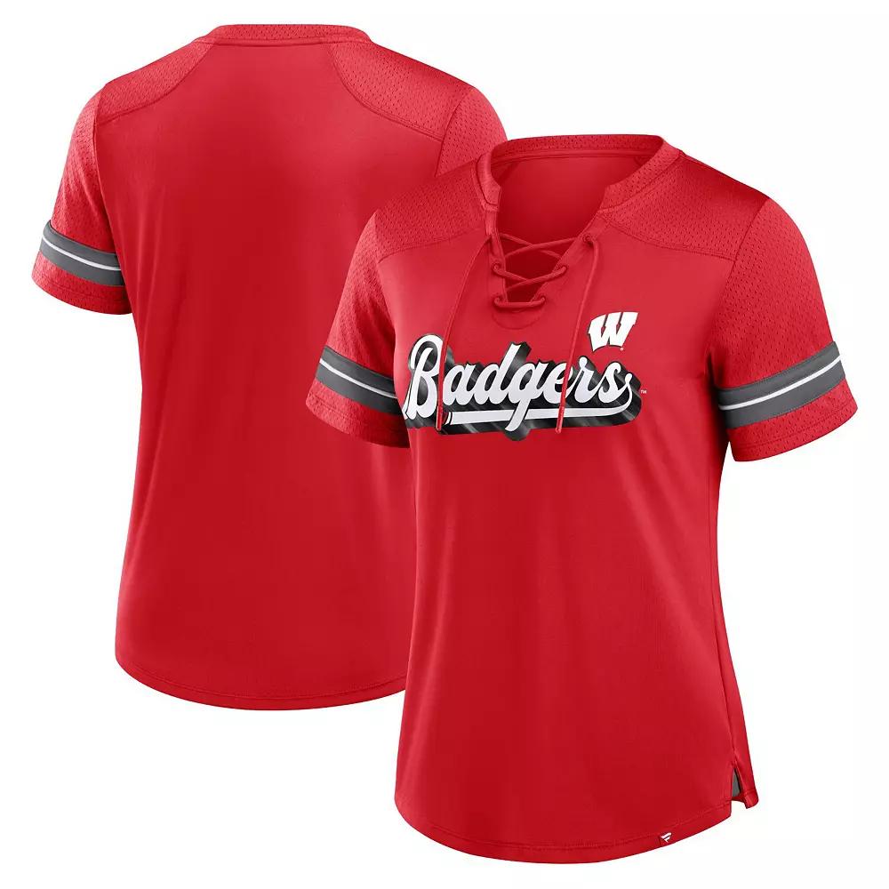 Women's Fanatics Red Wisconsin Badgers Fundamental Overtime Readiness Athena Lace-Up V-Neck T-Shirt, Adult Unisex,  Product Image