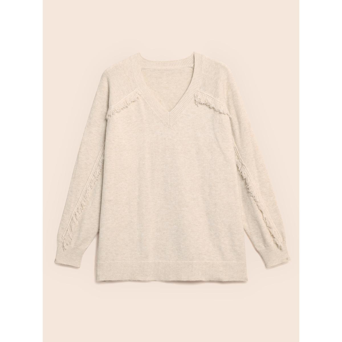 Plus Size V Neck Raglan Sleeve Fuzzy Trim Pullover Apricot Women Casual Long Sleeve V-neck Everyday Pullovers BloomChic 26/4X Product Image