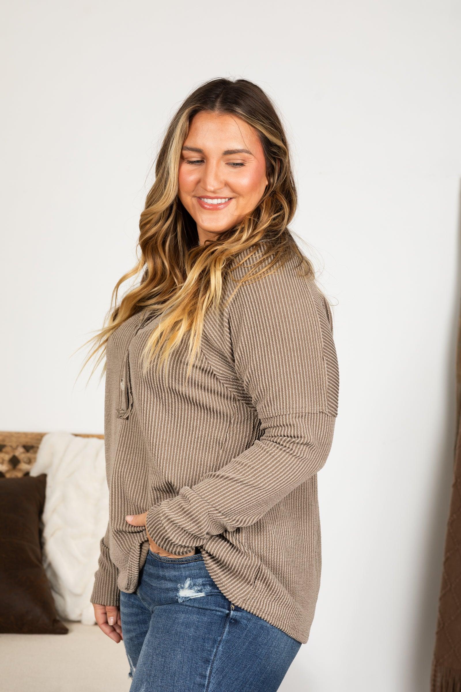 Raised Ribbed Button V-Neck Knit Top Product Image