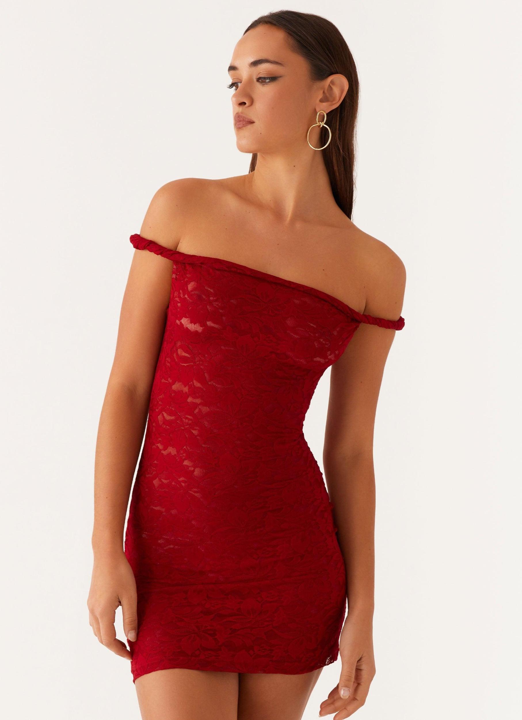Arabella Lace Twist Shoulder Mini Dress - Red Product Image