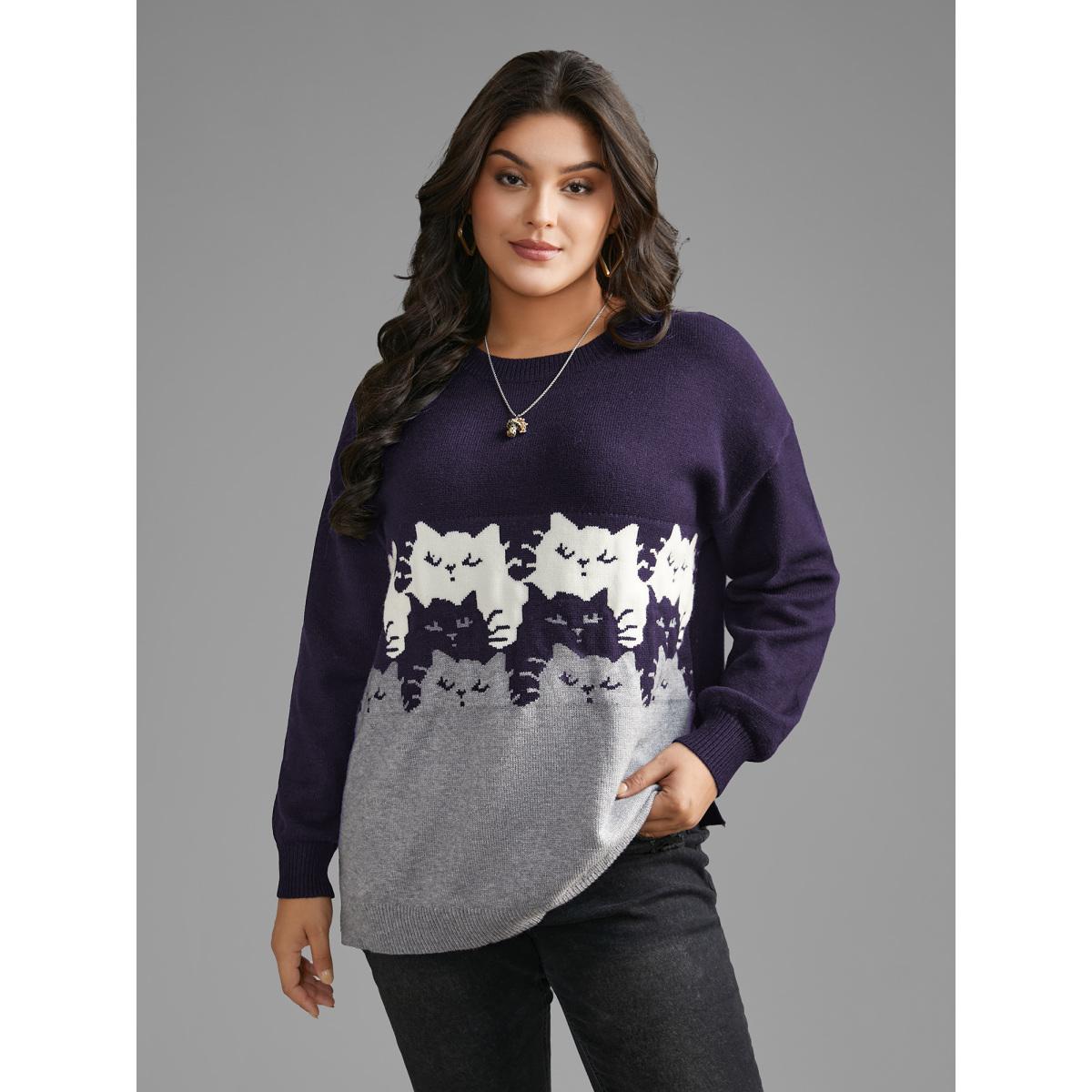 Plus Size Cat Contrast Drop Shoulder Pullover Eggplant Women Playful Loose Long Sleeve Round Neck Casual Pullovers BloomChic 28/5X Product Image