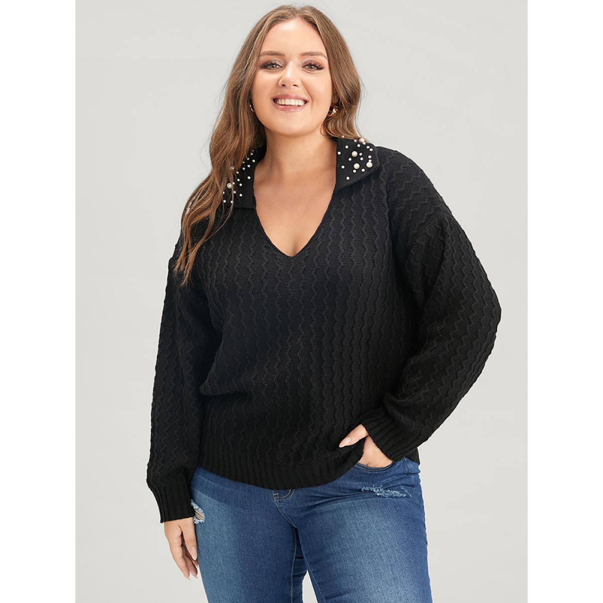 Plus Size Solid Pointelle Knit Pearls Beaded Collar Neck Knit Top Black Women Elegant Long Sleeve Lapel Collar Dailywear Pullovers BloomChic 10/M Product Image