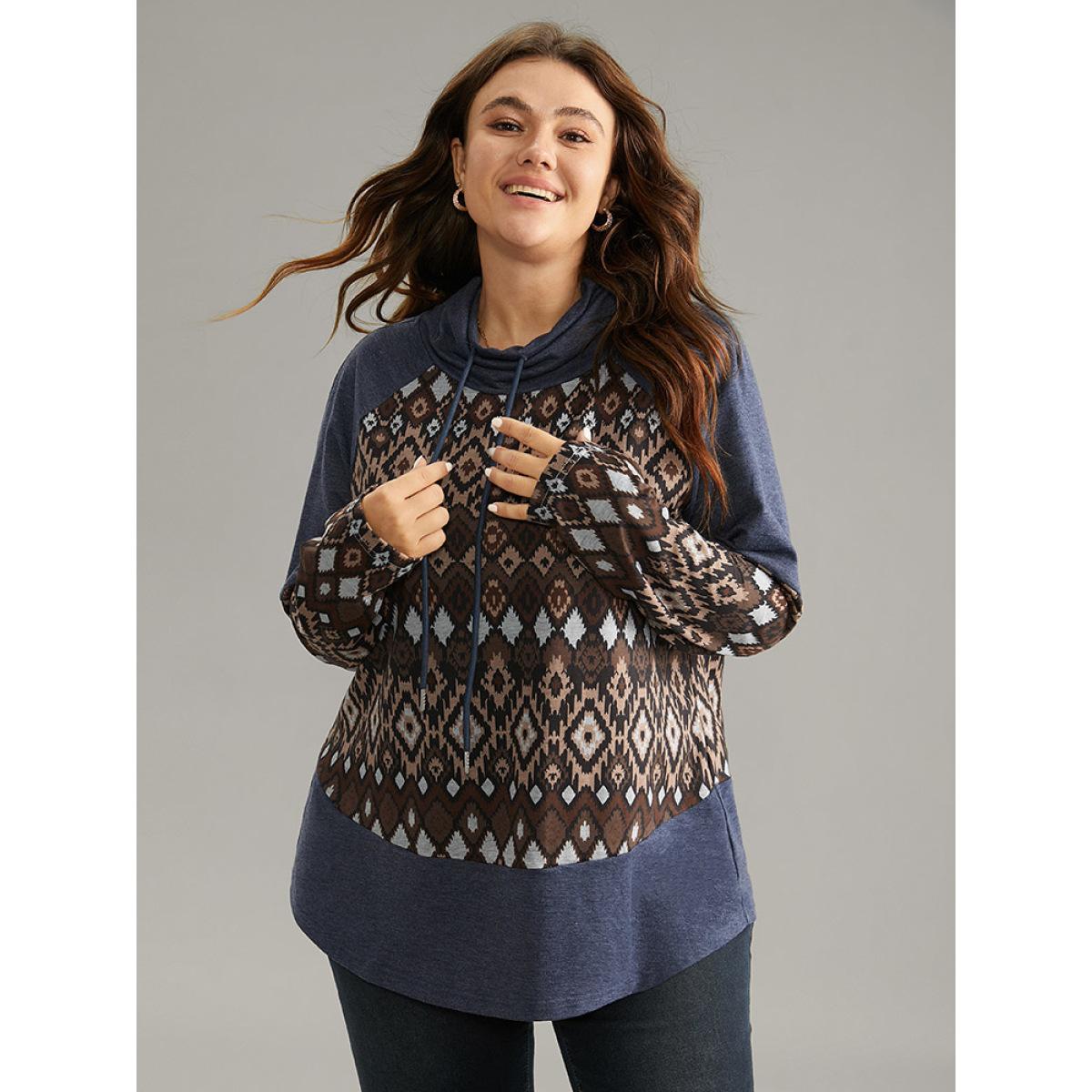 Plus Size Bandana Patchwork Mock Neck Raglan Sleeve Sweatshirt Women Indigo Casual Contrast Mock Neck Dailywear Sweatshirts BloomChic 14-16/1X Product Image