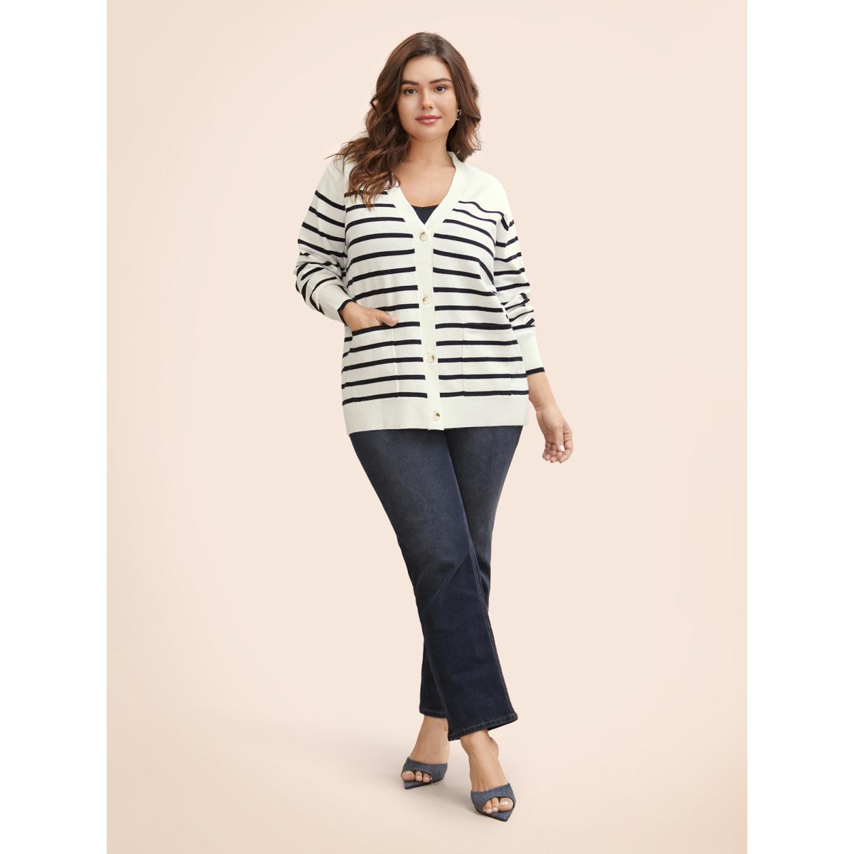 Plus Size Supersoft Essentials Striped Button Up Cardigan Ivory Women Casual Loose Long Sleeve Everyday Cardigans BloomChic 14-16/1X Product Image
